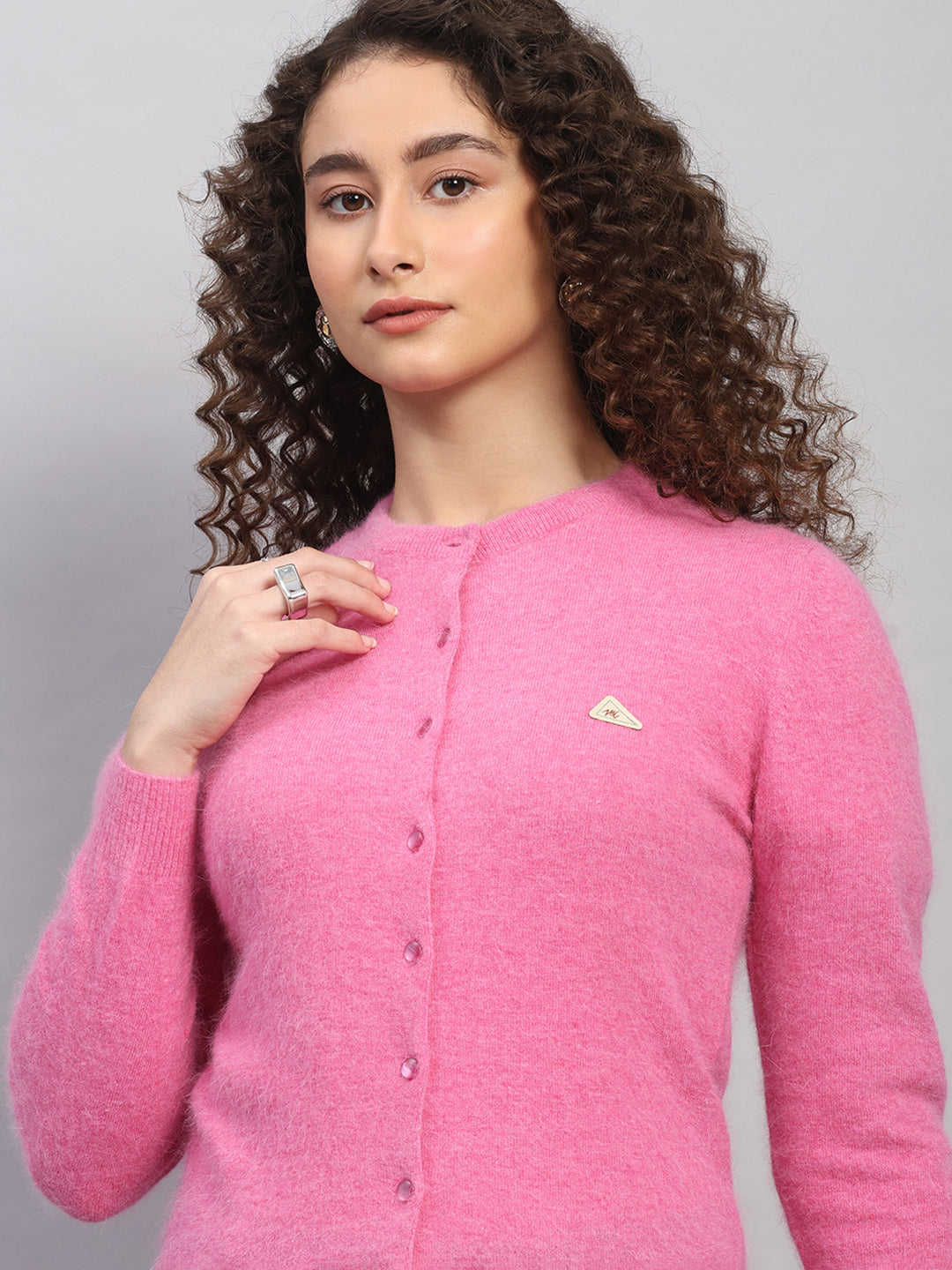 Women Pink Solid Round Neck Full Sleeve Cardigan
