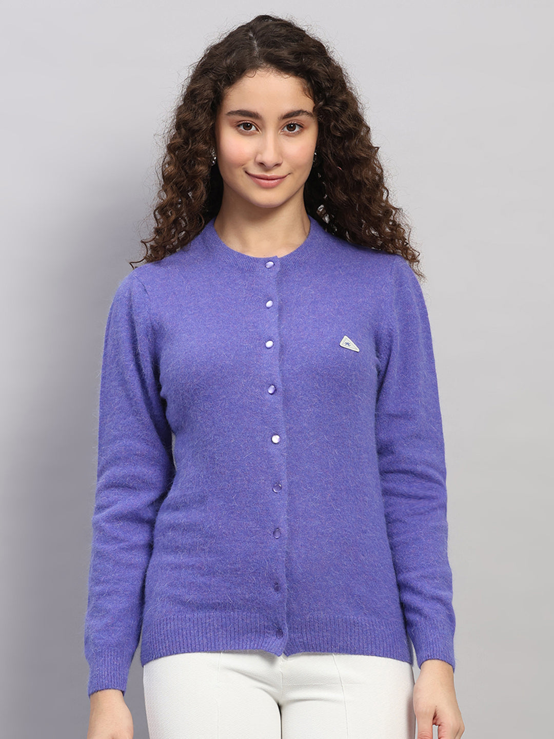 Women Purple Solid Round Neck Full Sleeve Cardigan