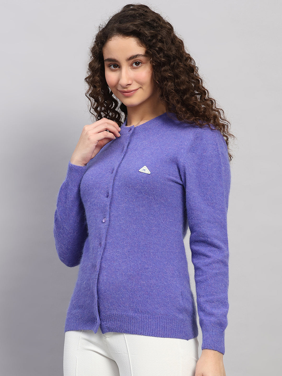 Women Purple Solid Round Neck Full Sleeve Cardigan