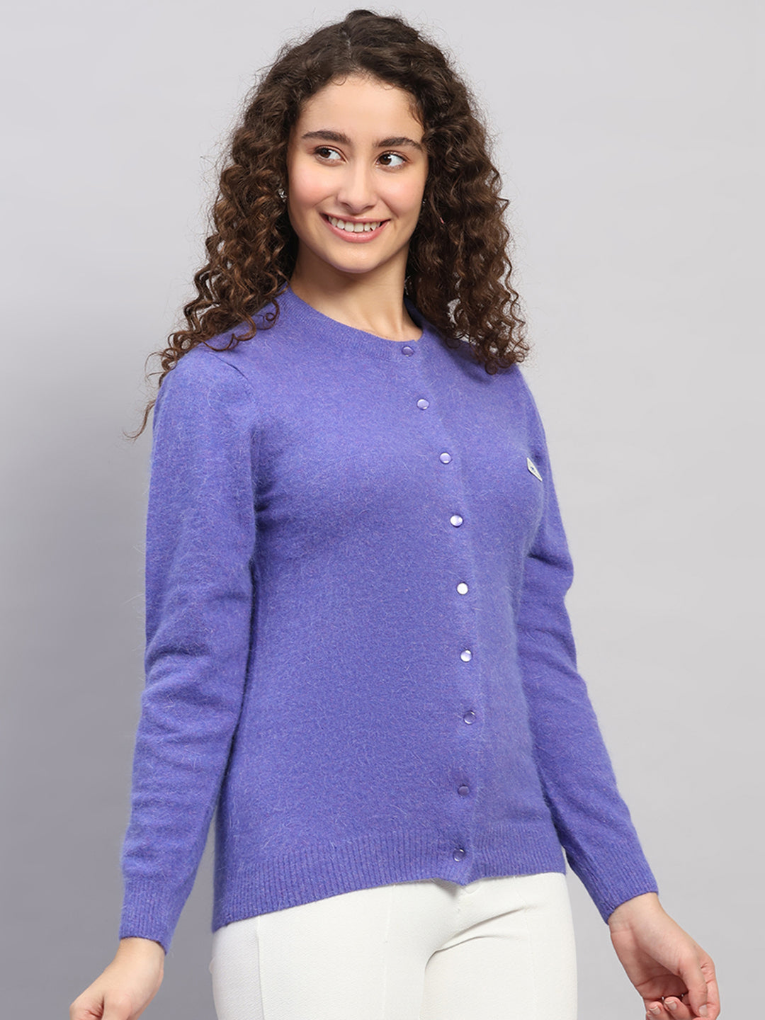 Women Purple Solid Round Neck Full Sleeve Cardigan