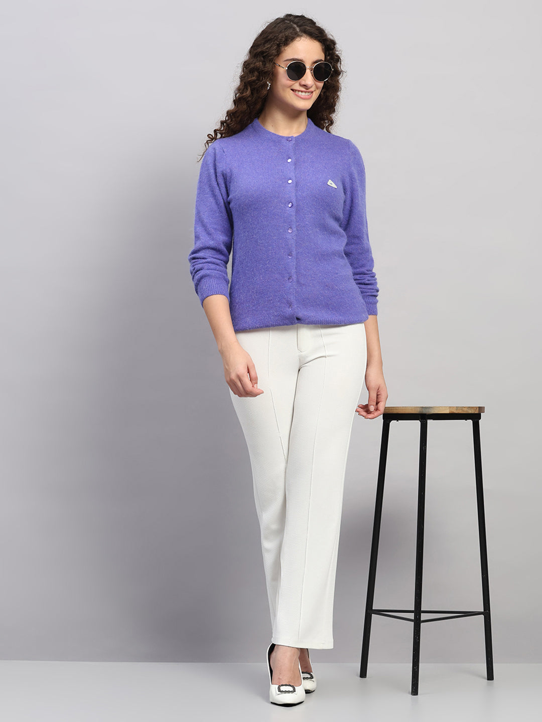 Women Purple Solid Round Neck Full Sleeve Cardigan