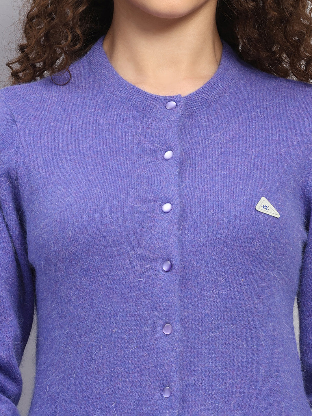 Women Purple Solid Round Neck Full Sleeve Cardigan