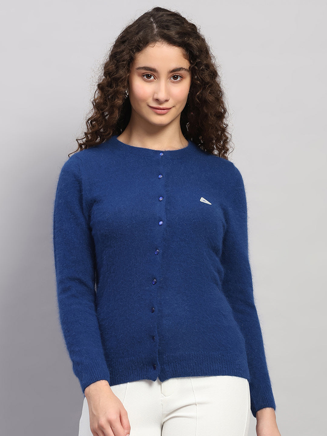 Women Blue Solid Round Neck Full Sleeve Cardigan