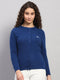Women Blue Solid Round Neck Full Sleeve Cardigan