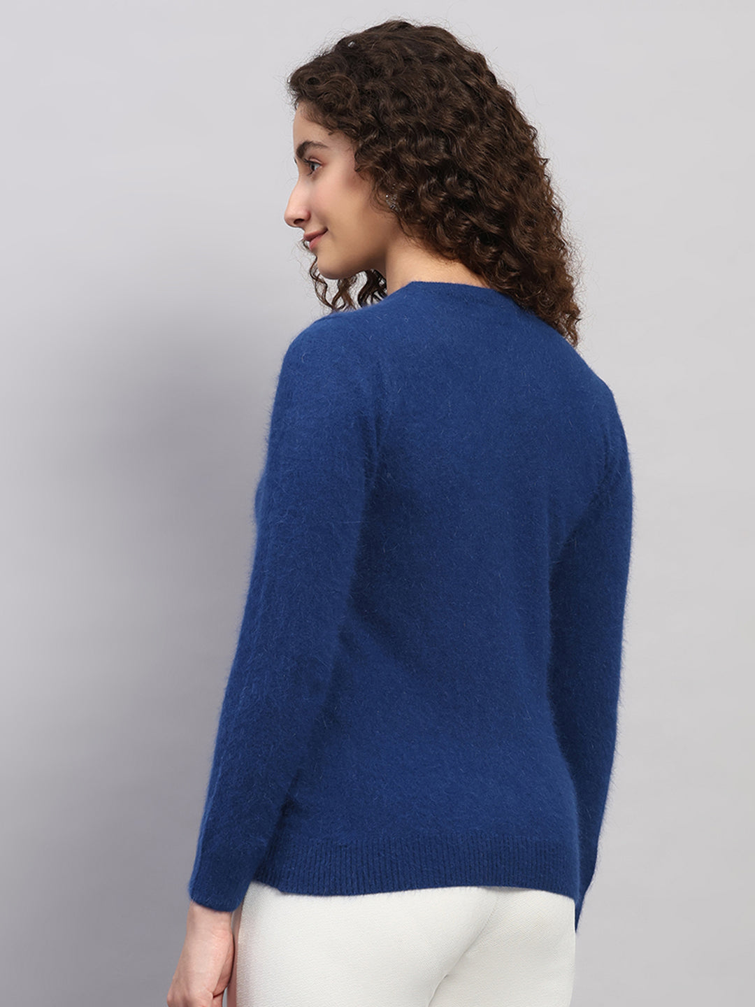 Women Blue Solid Round Neck Full Sleeve Cardigan