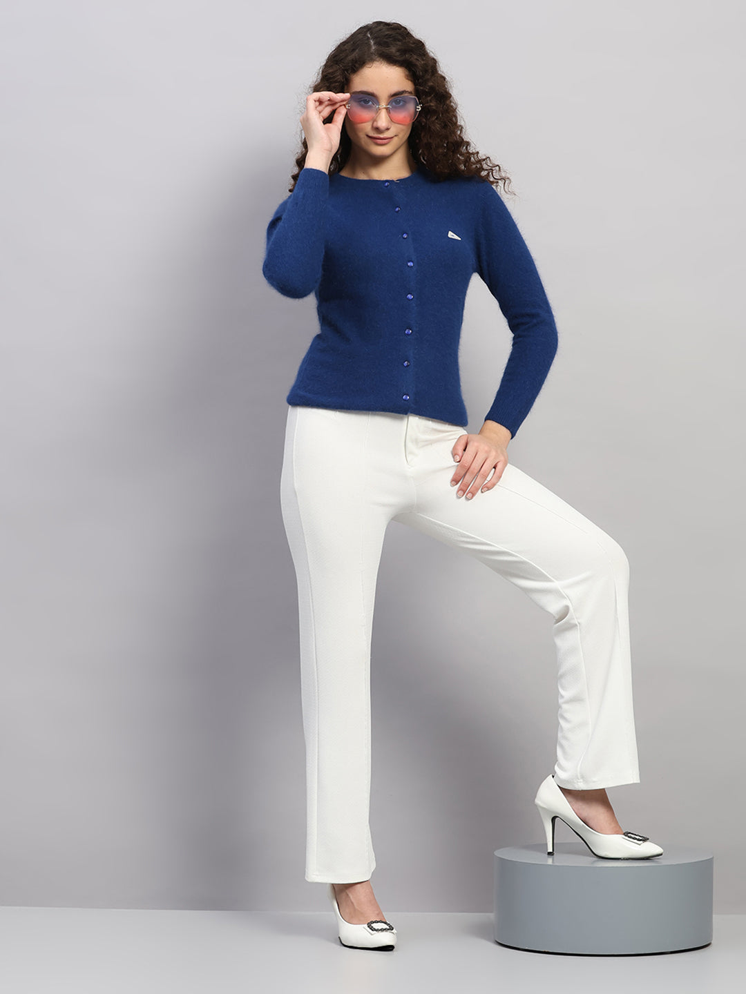 Women Blue Solid Round Neck Full Sleeve Cardigan