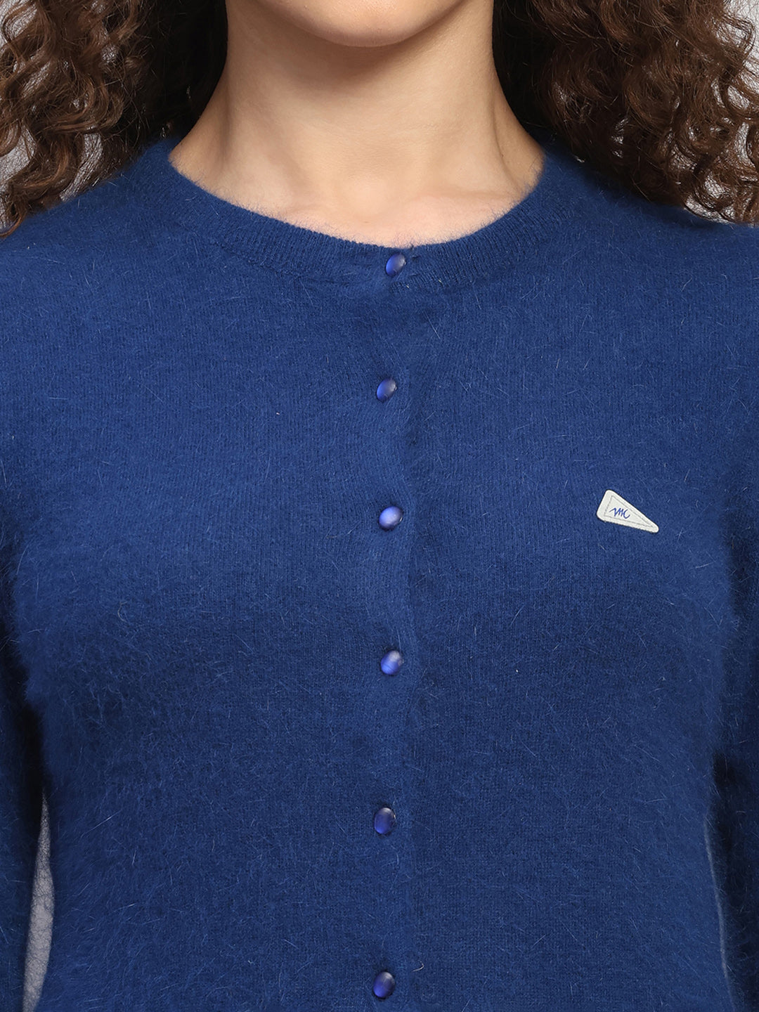 Women Blue Solid Round Neck Full Sleeve Cardigan