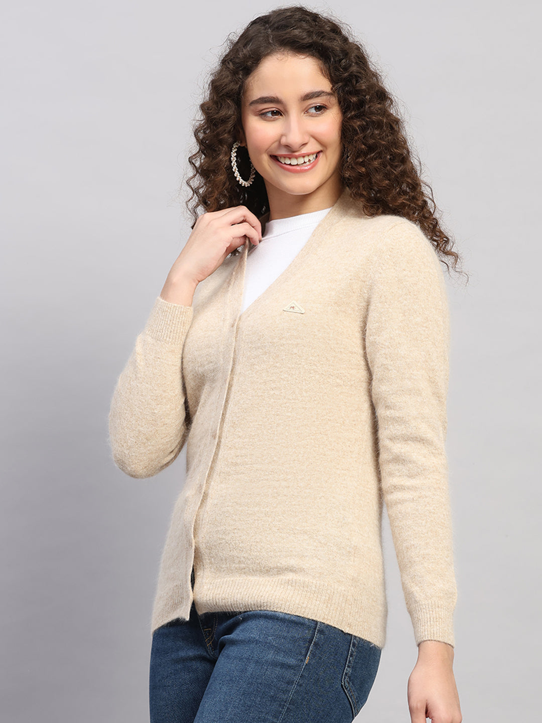 Women Brown Solid V Neck Full Sleeve Cardigan