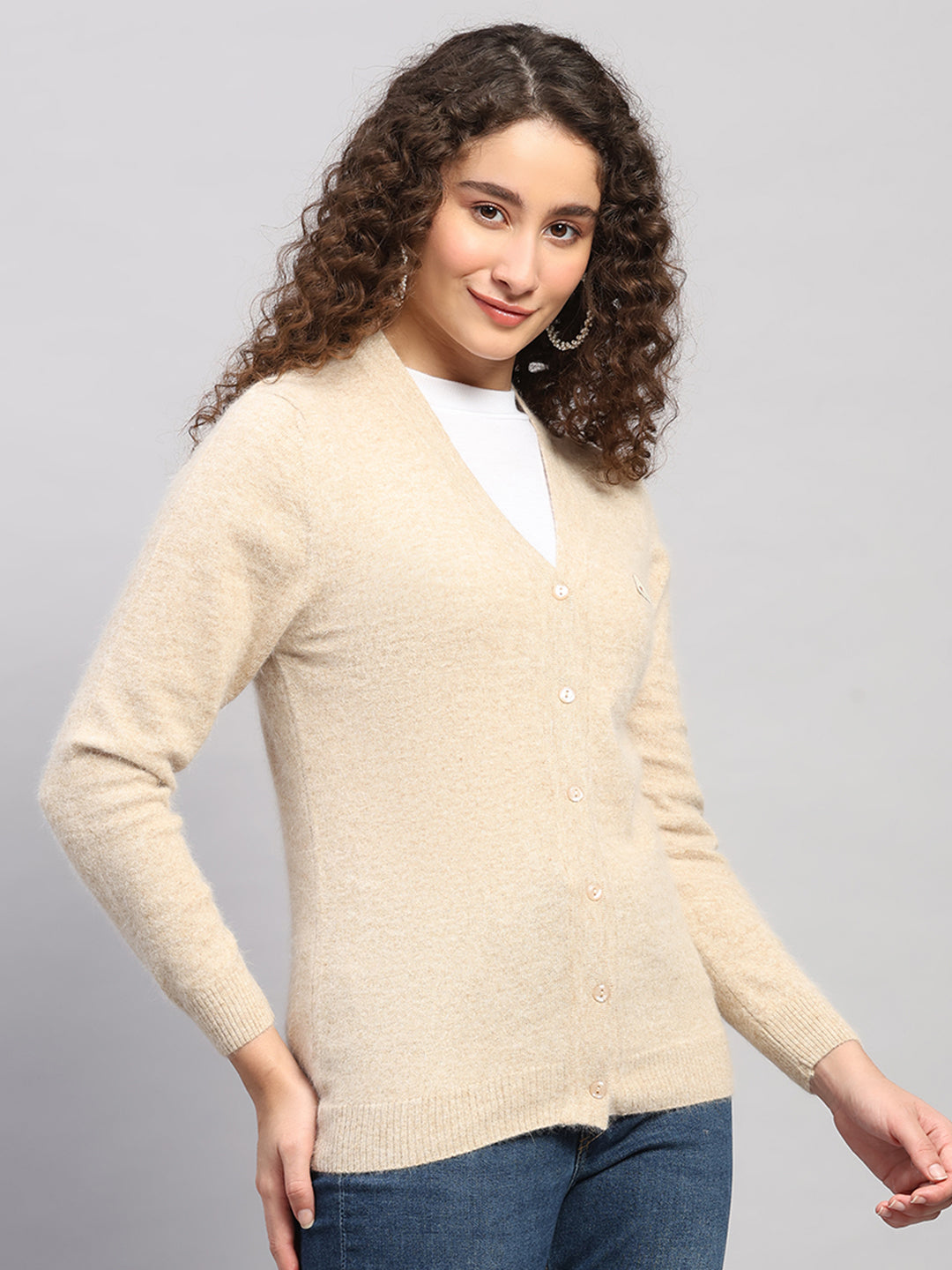 Women Brown Solid V Neck Full Sleeve Cardigan