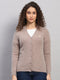 Women Beige Solid V Neck Full Sleeve Cardigan