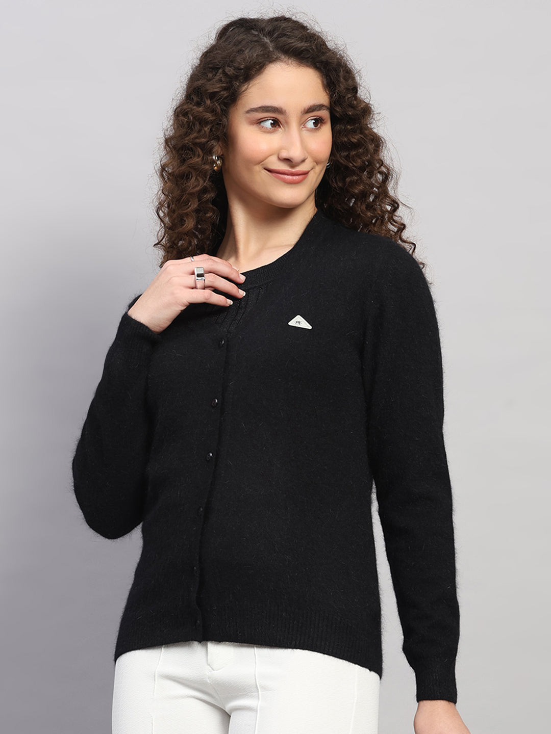 Women Black Solid V Neck Full Sleeve Cardigan