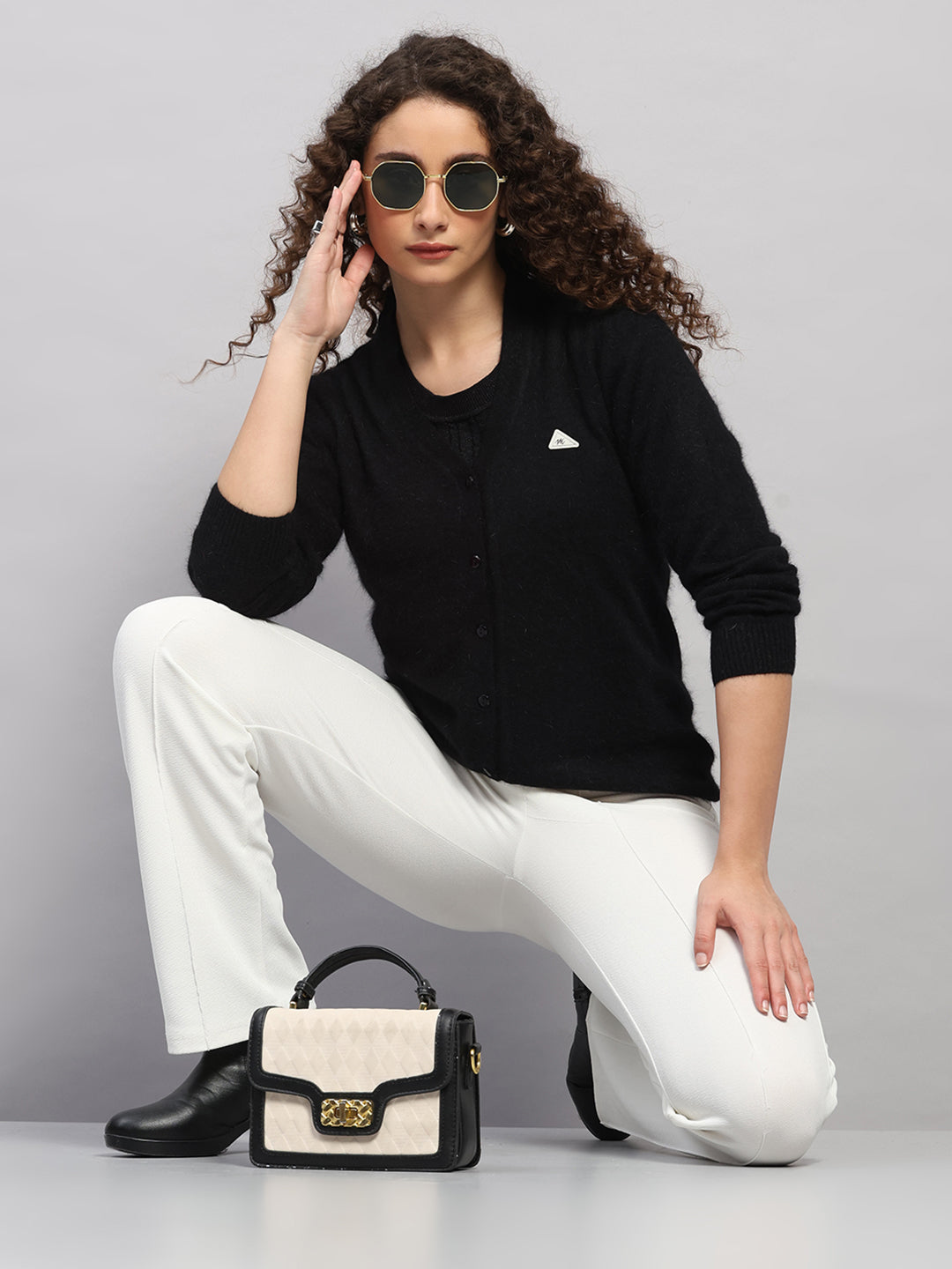 Women Black Solid V Neck Full Sleeve Cardigan