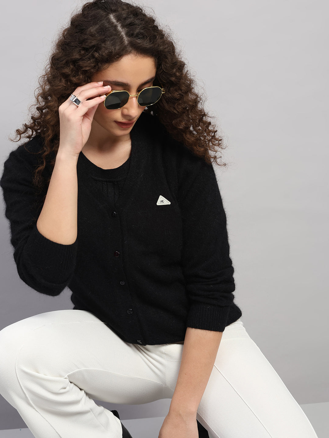 Women Black Solid V Neck Full Sleeve Cardigan