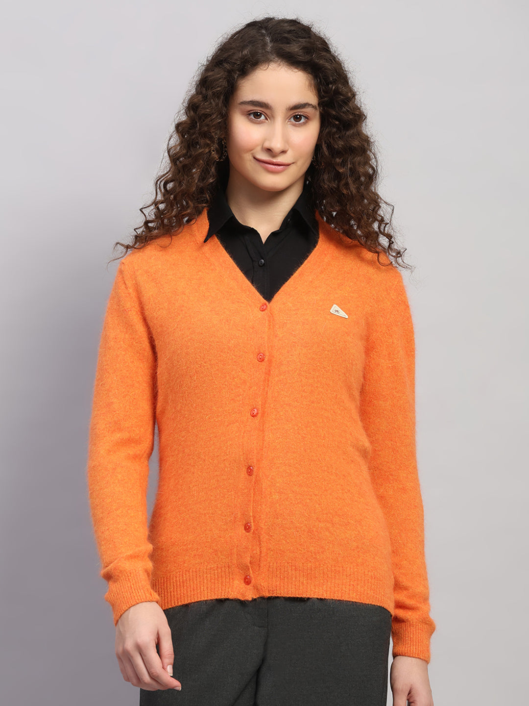 Women Orange Solid V Neck Full Sleeve Cardigan