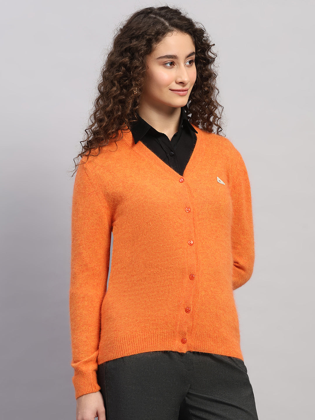 Women Orange Solid V Neck Full Sleeve Cardigan