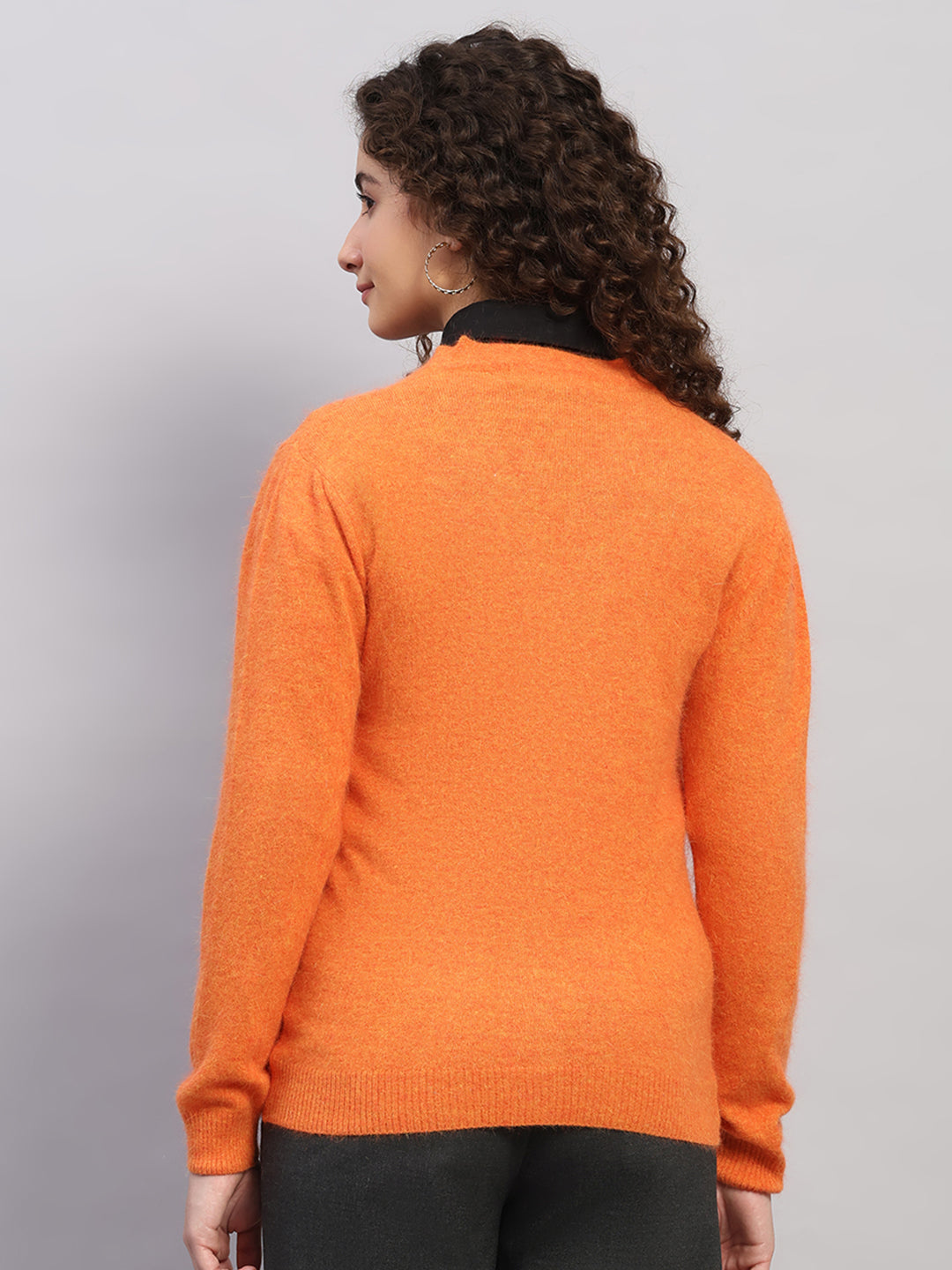 Women Orange Solid V Neck Full Sleeve Cardigan