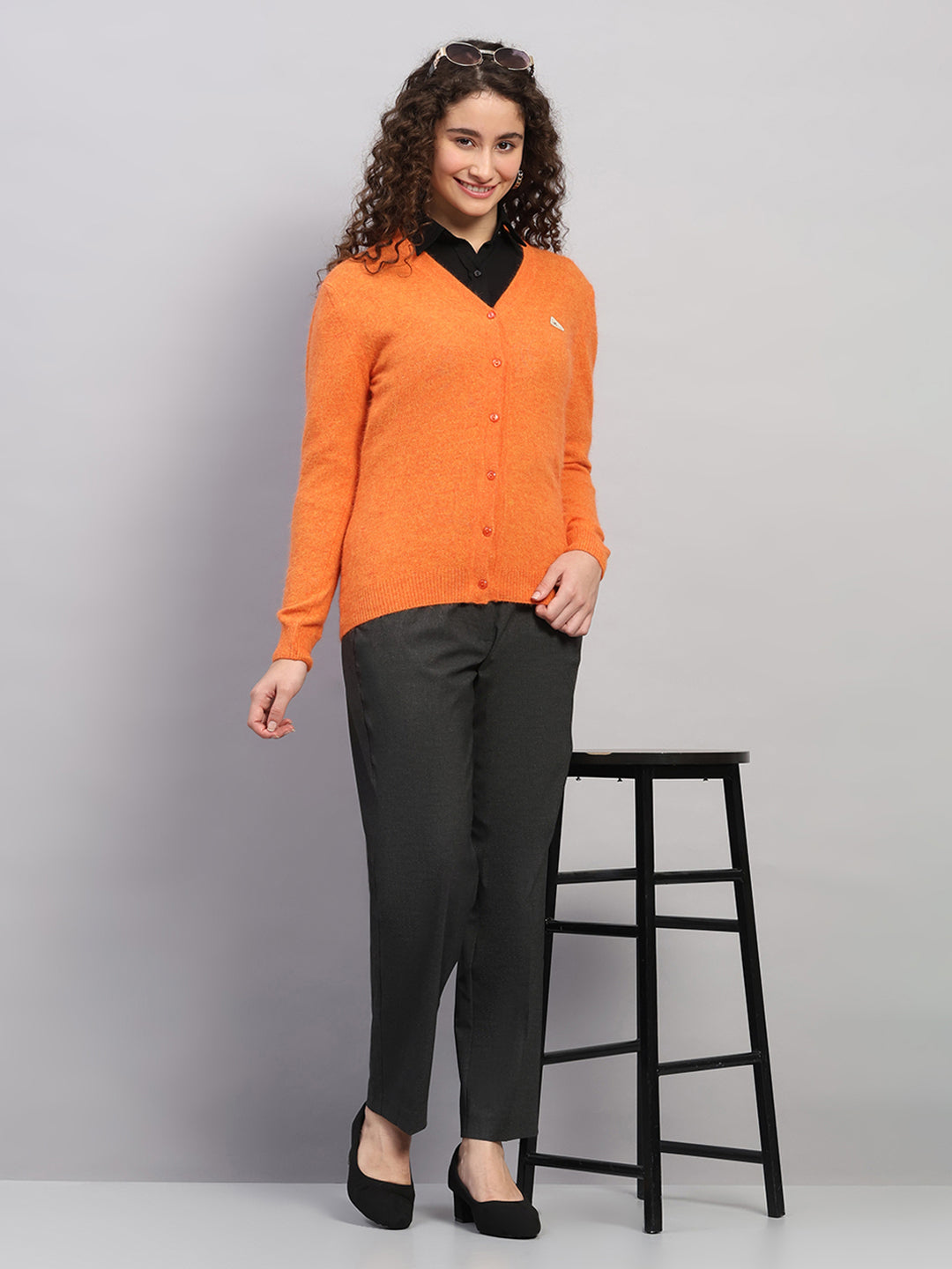 Women Orange Solid V Neck Full Sleeve Cardigan