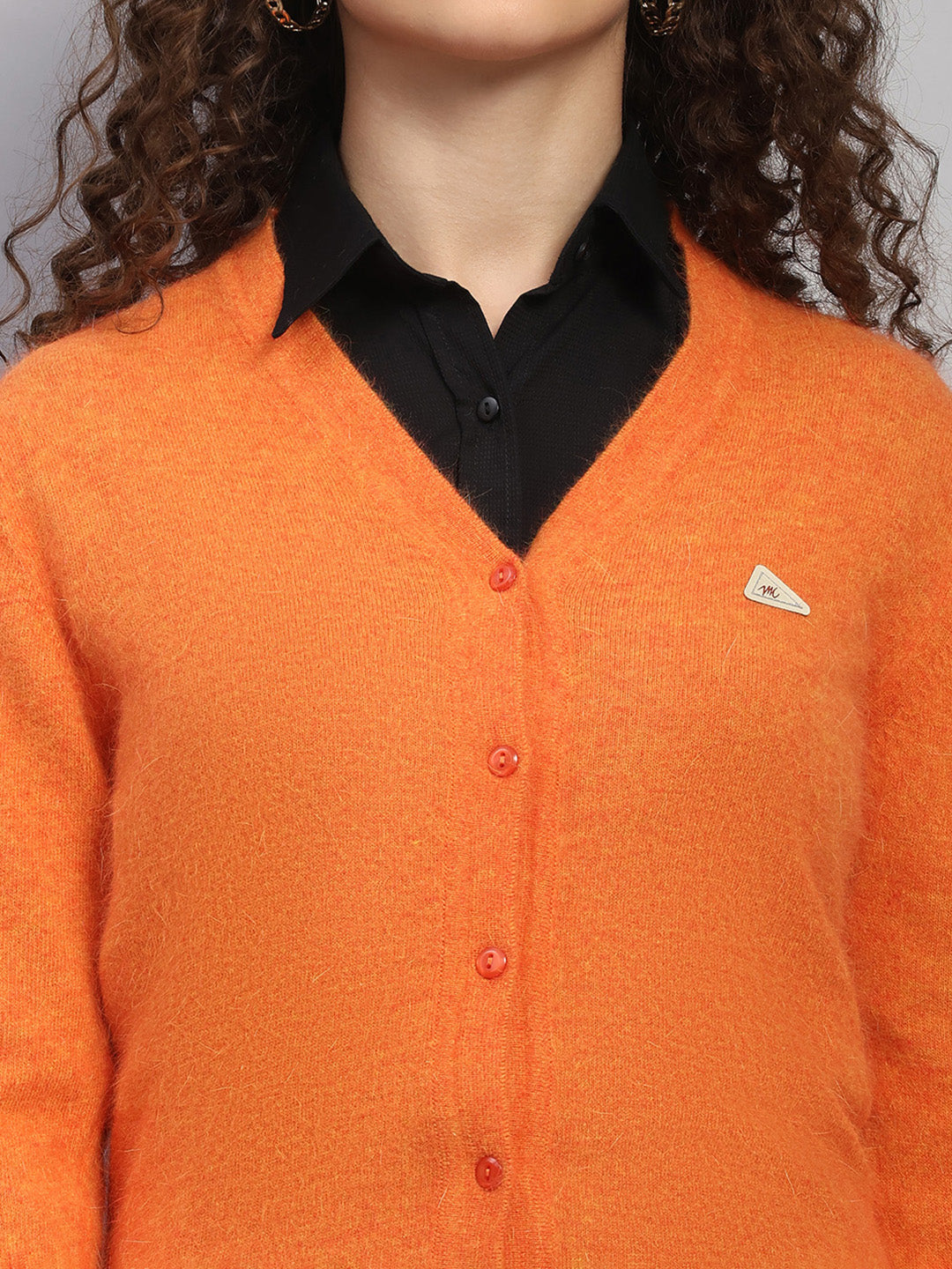 Women Orange Solid V Neck Full Sleeve Cardigan