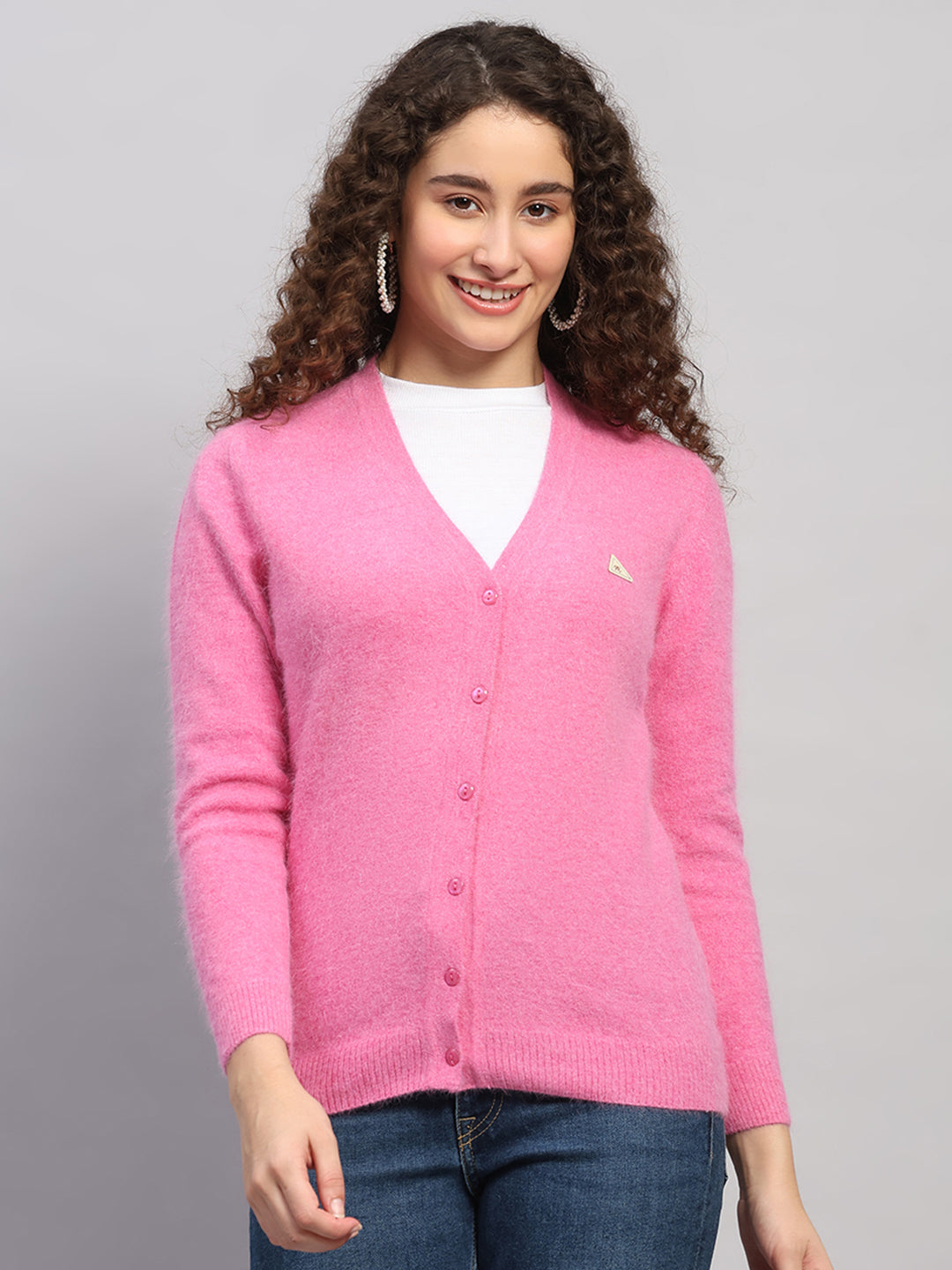 Women Pink Solid V Neck Full Sleeve Cardigan