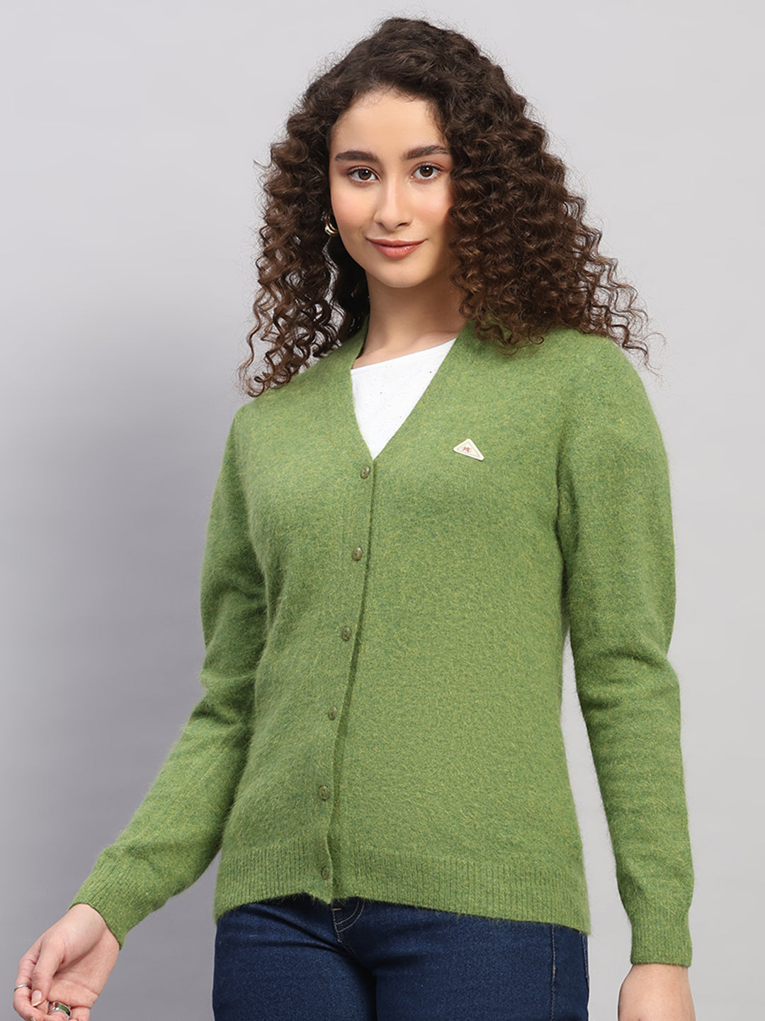 Women Green Solid V Neck Full Sleeve Cardigan