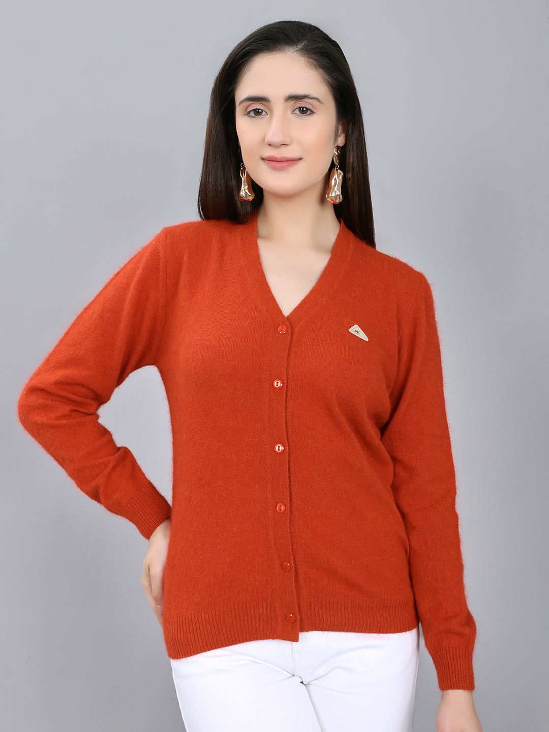 Women Rust Solid V Neck Full Sleeve Cardigan