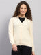 Women Cream Solid V Neck Full Sleeve Cardigan