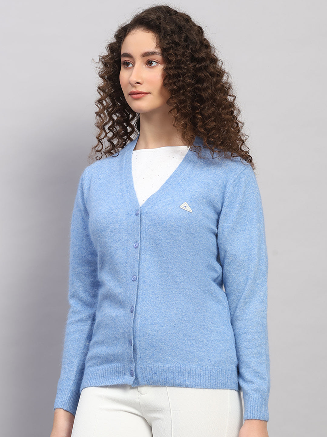 Women Light Blue Solid V Neck Full Sleeve Cardigan