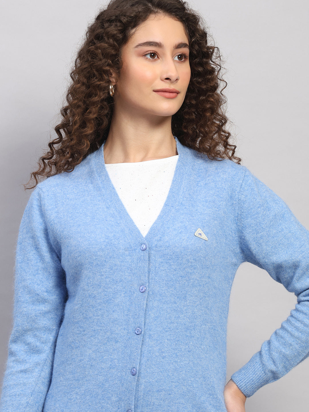 Women Light Blue Solid V Neck Full Sleeve Cardigan