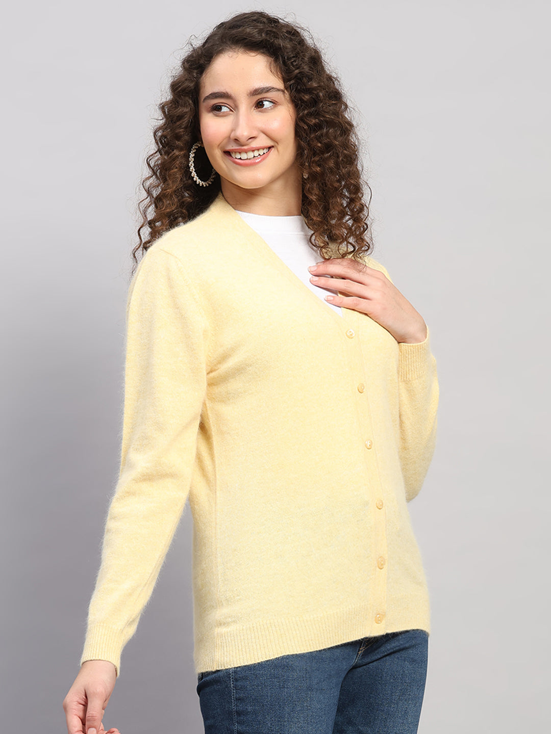 Women Yellow Solid V Neck Full Sleeve Cardigan