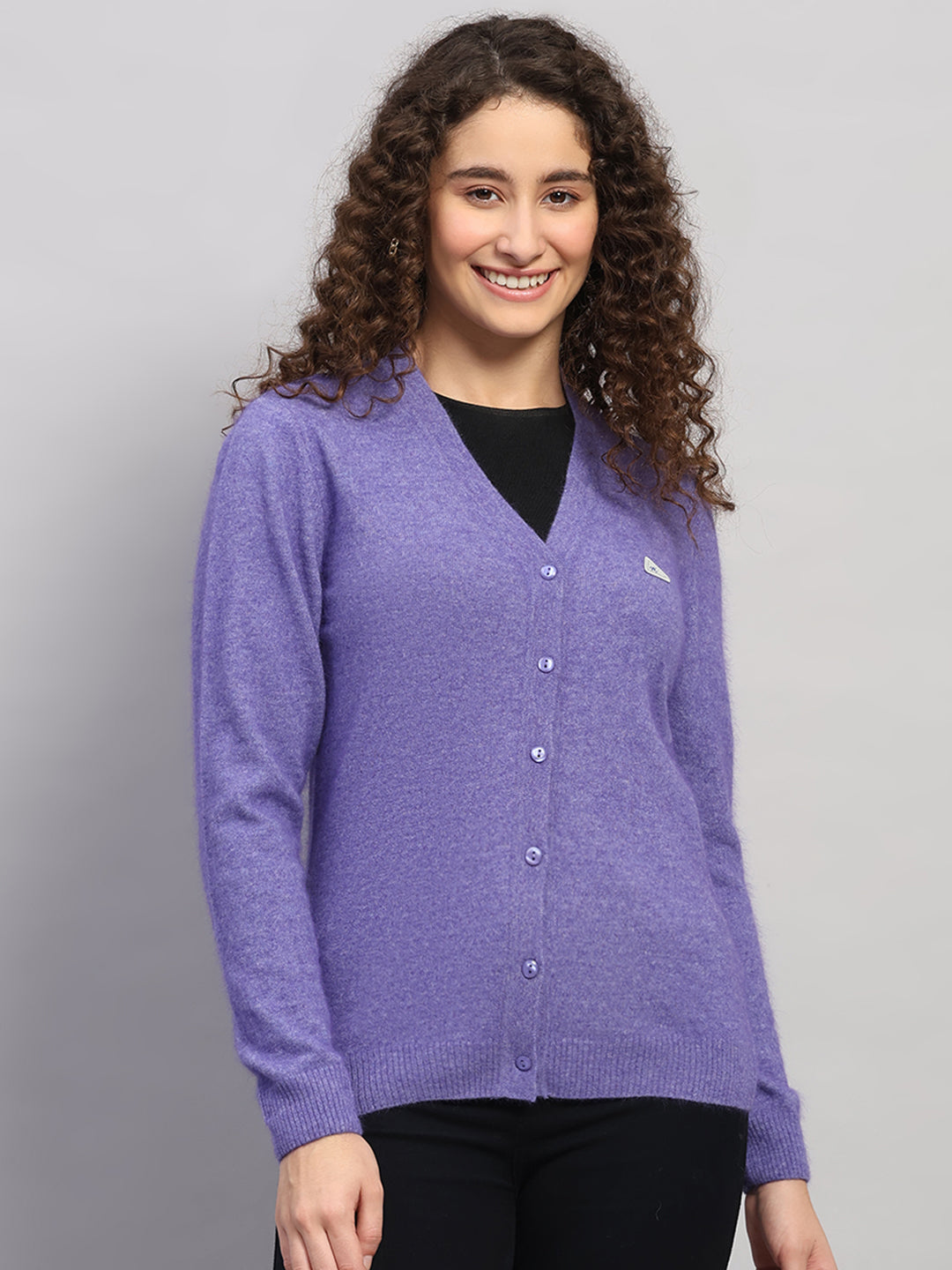 Women Purple Solid V Neck Full Sleeve Cardigan