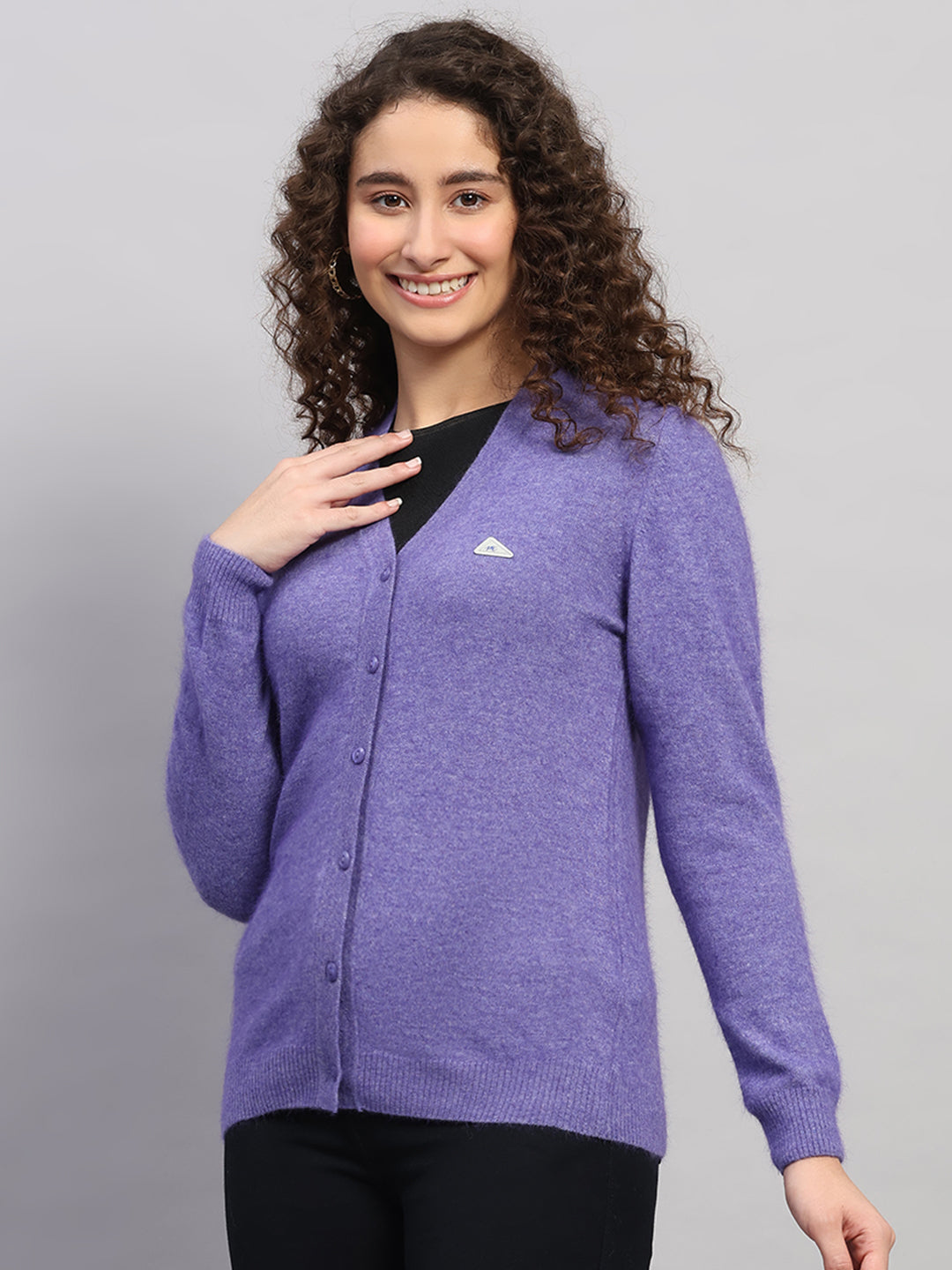Women Purple Solid V Neck Full Sleeve Cardigan