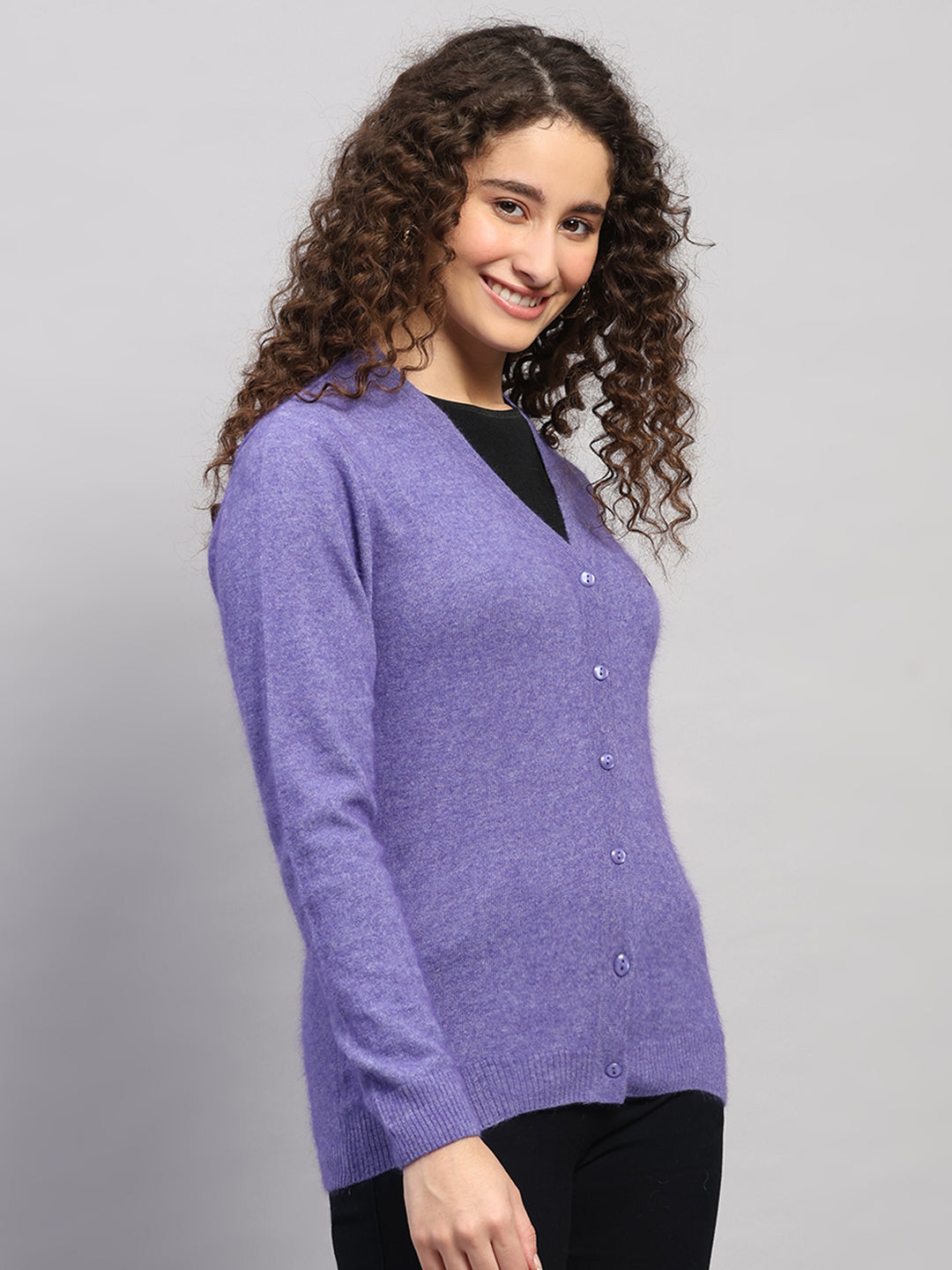 Women Purple Solid V Neck Full Sleeve Cardigan