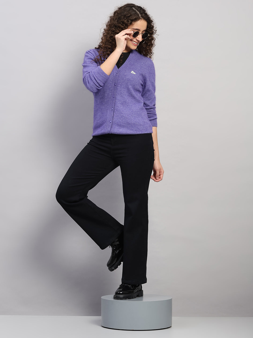 Women Purple Solid V Neck Full Sleeve Cardigan