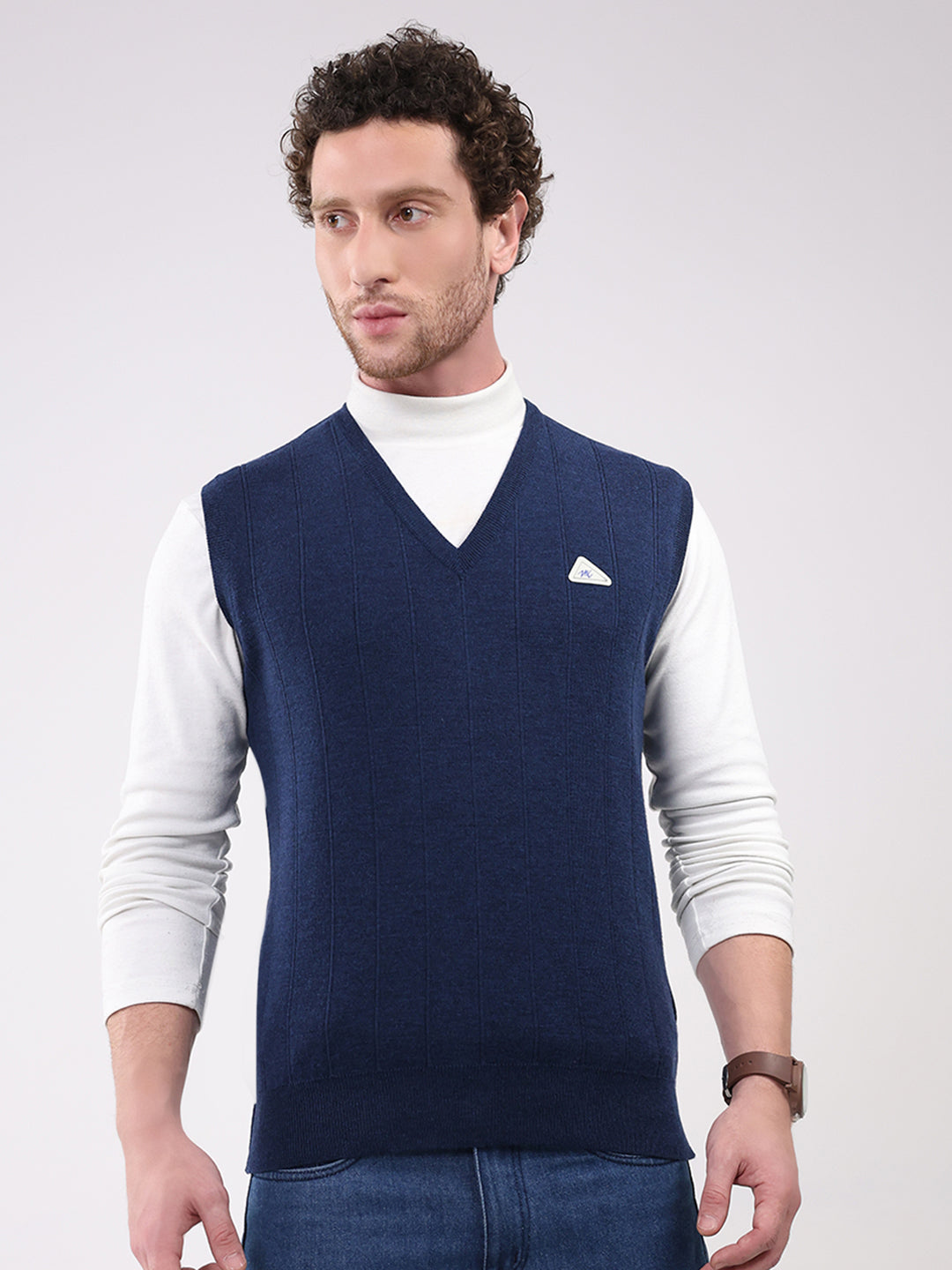 Men Navy Blue Solid V Neck Sleeveless Sweater