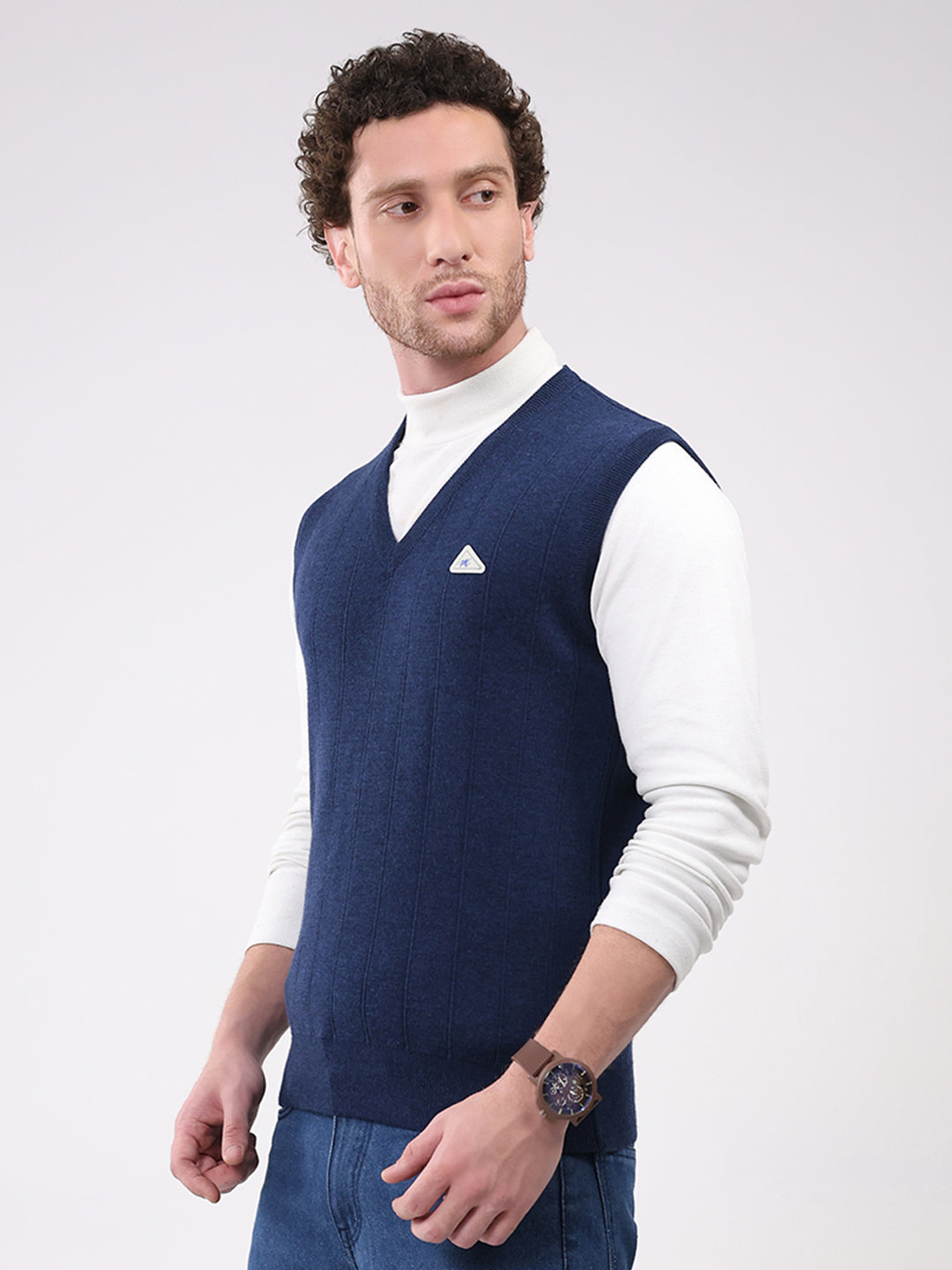 Men Navy Blue Solid V Neck Sleeveless Sweater