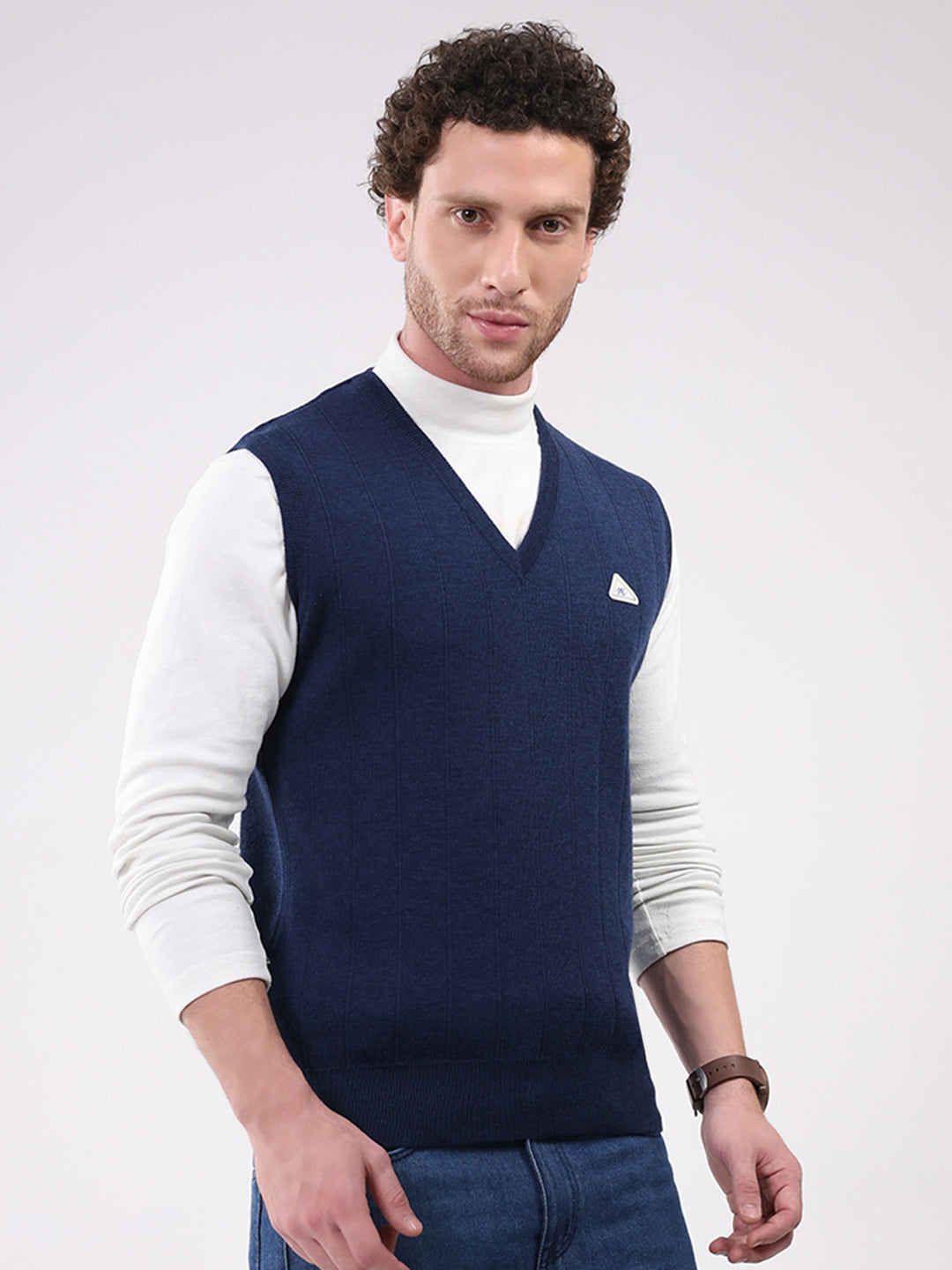 Men Navy Blue Solid V Neck Sleeveless Sweater