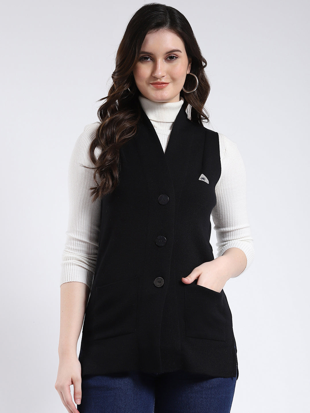 Women Black Solid V Neck Sleeveless Cardigan - Main Image