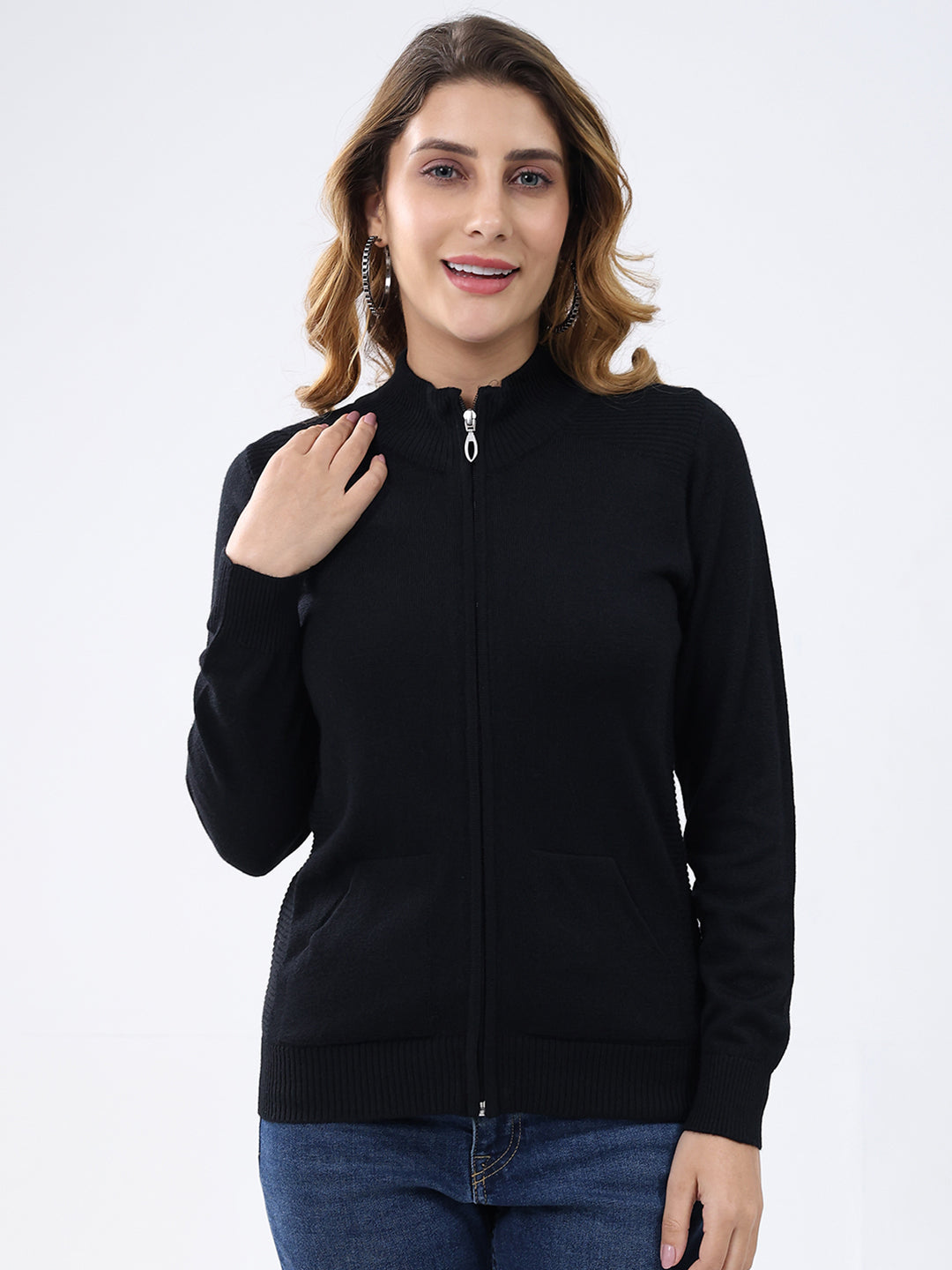 Women Black Solid Mock Neck Full Sleeve Cardigan