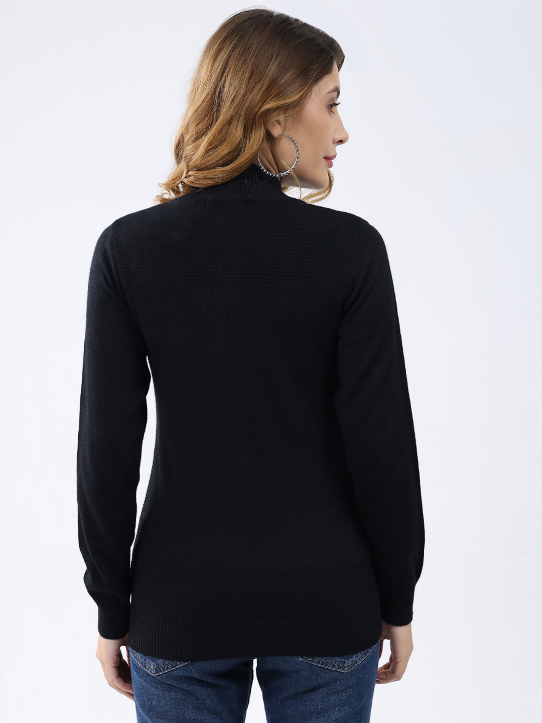 Women Black Solid Mock Neck Full Sleeve Cardigan