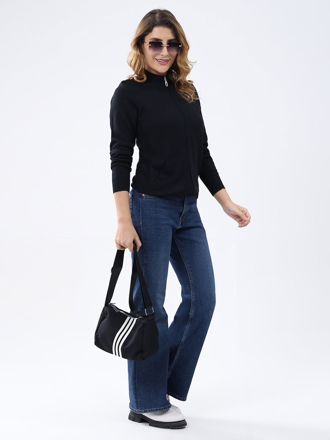 Women Black Solid Mock Neck Full Sleeve Cardigan