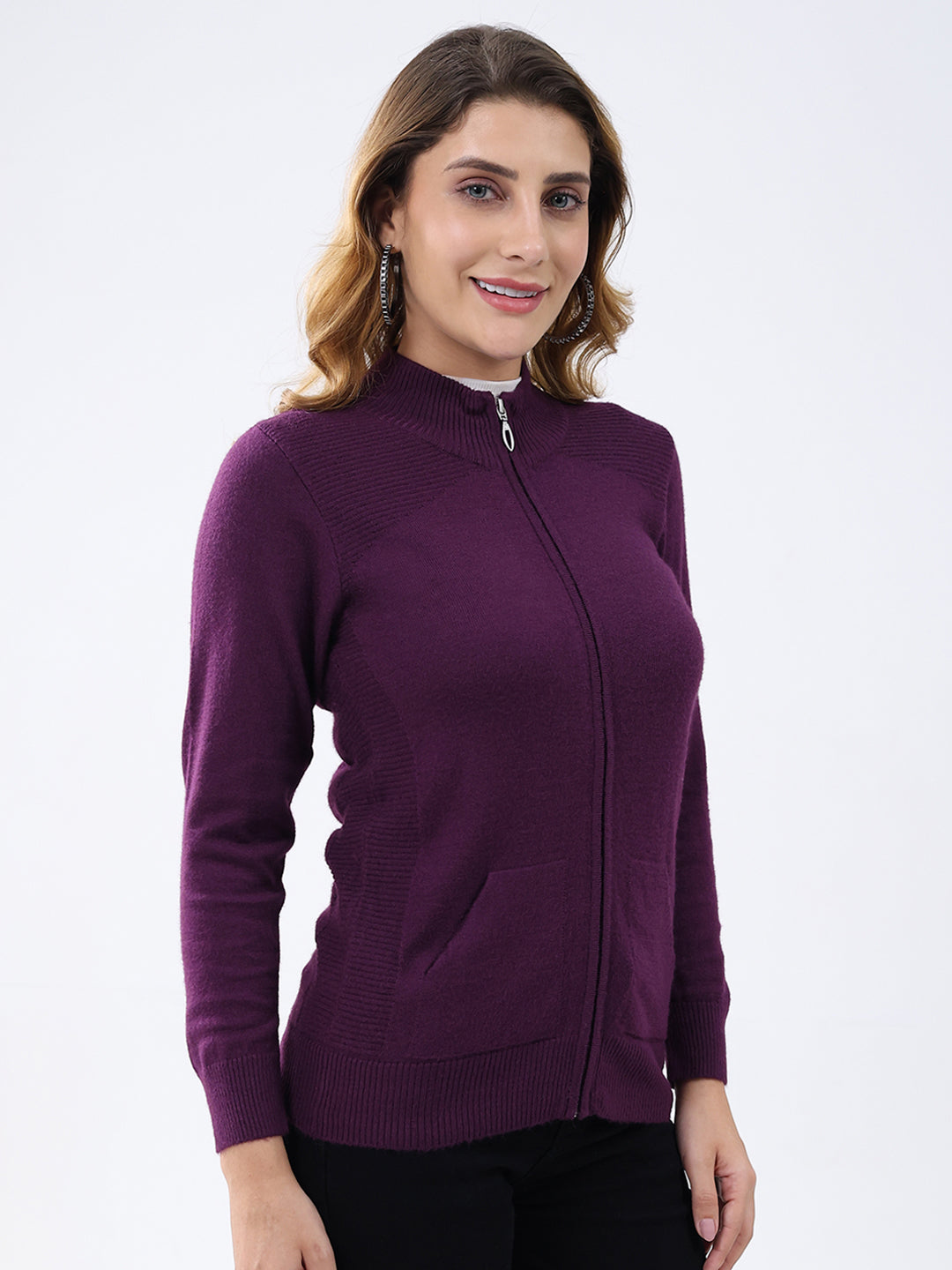 Women Purple Solid Mock Neck Full Sleeve Cardigan