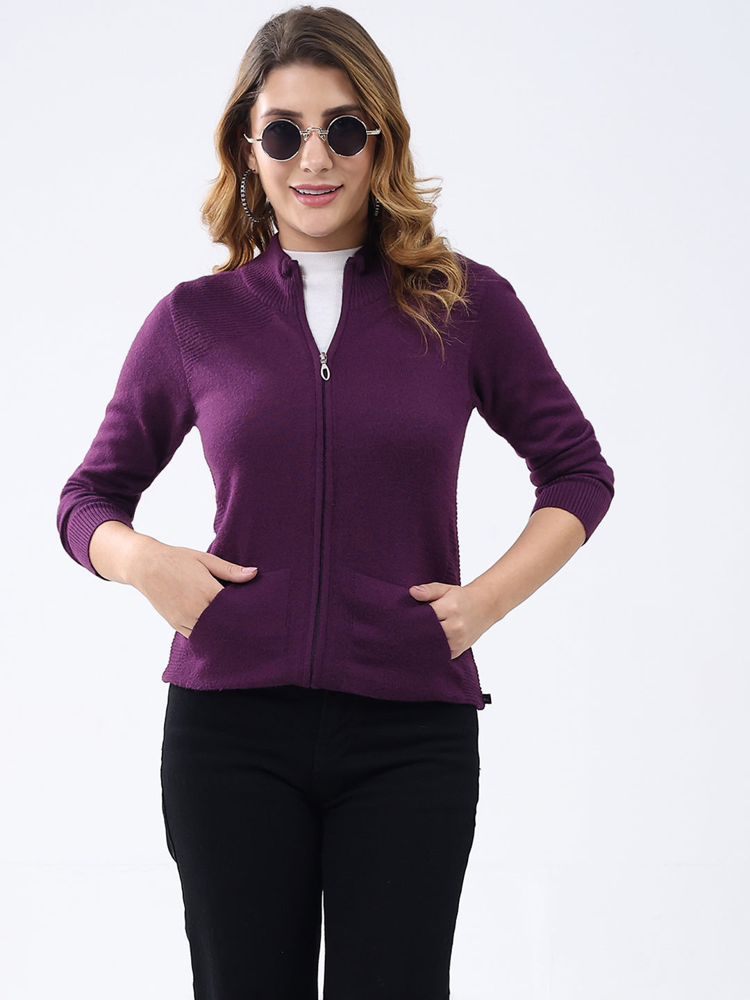 Women Purple Solid Mock Neck Full Sleeve Cardigan