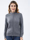 Women Grey Solid Mock Neck Full Sleeve Cardigan