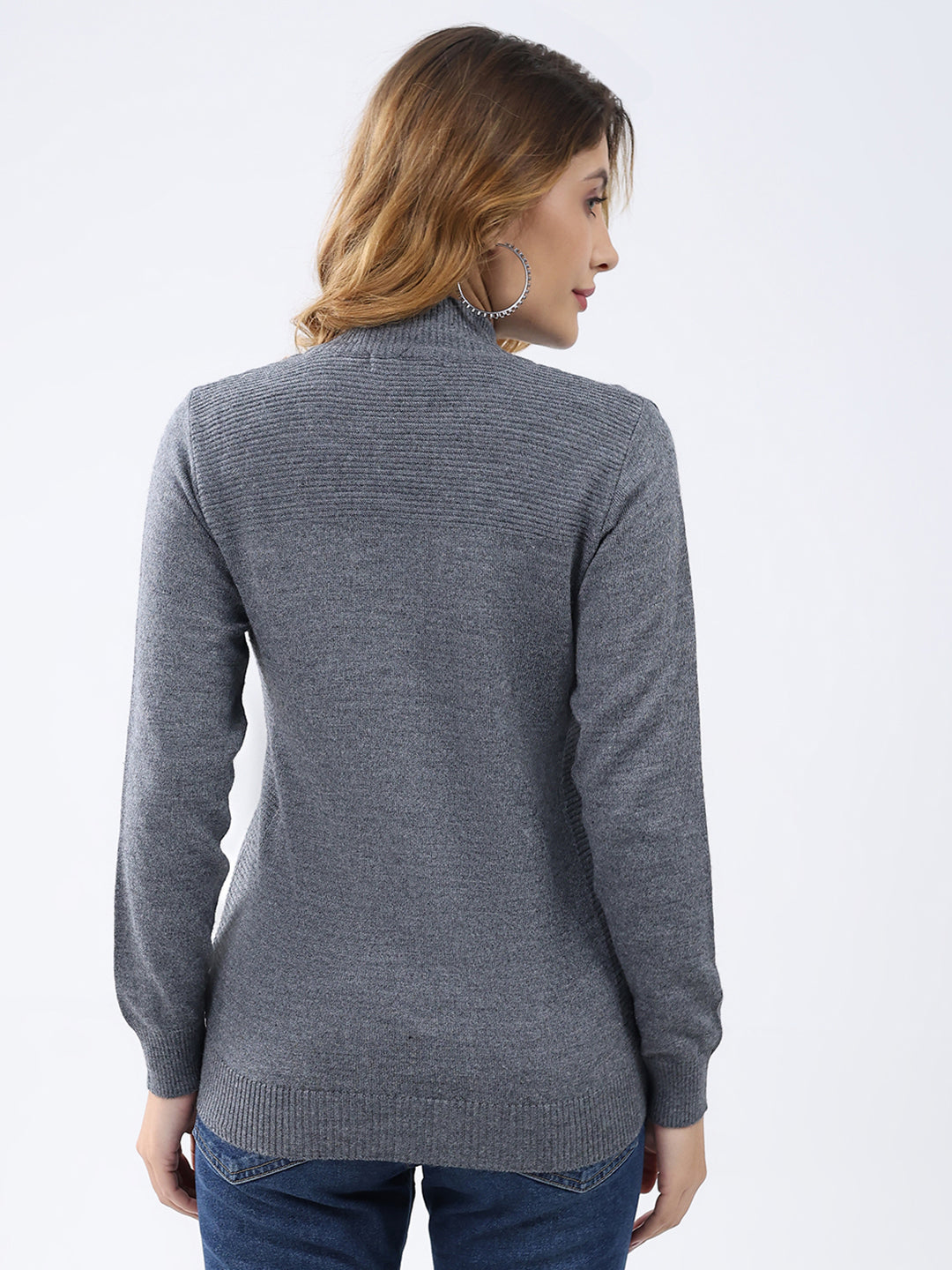 Women Grey Solid Mock Neck Full Sleeve Cardigan