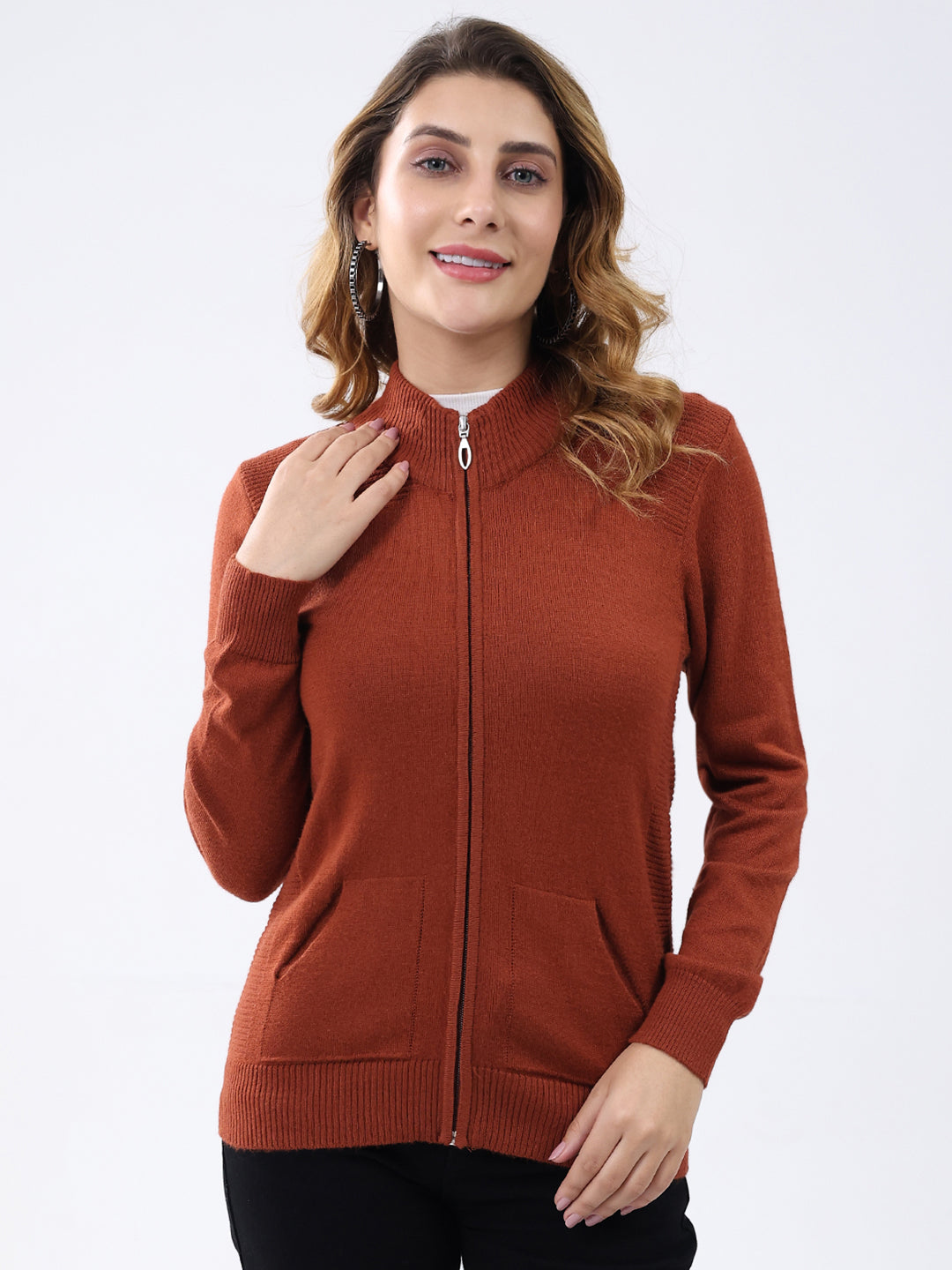 Women Rust Solid Mock Neck Full Sleeve Cardigan