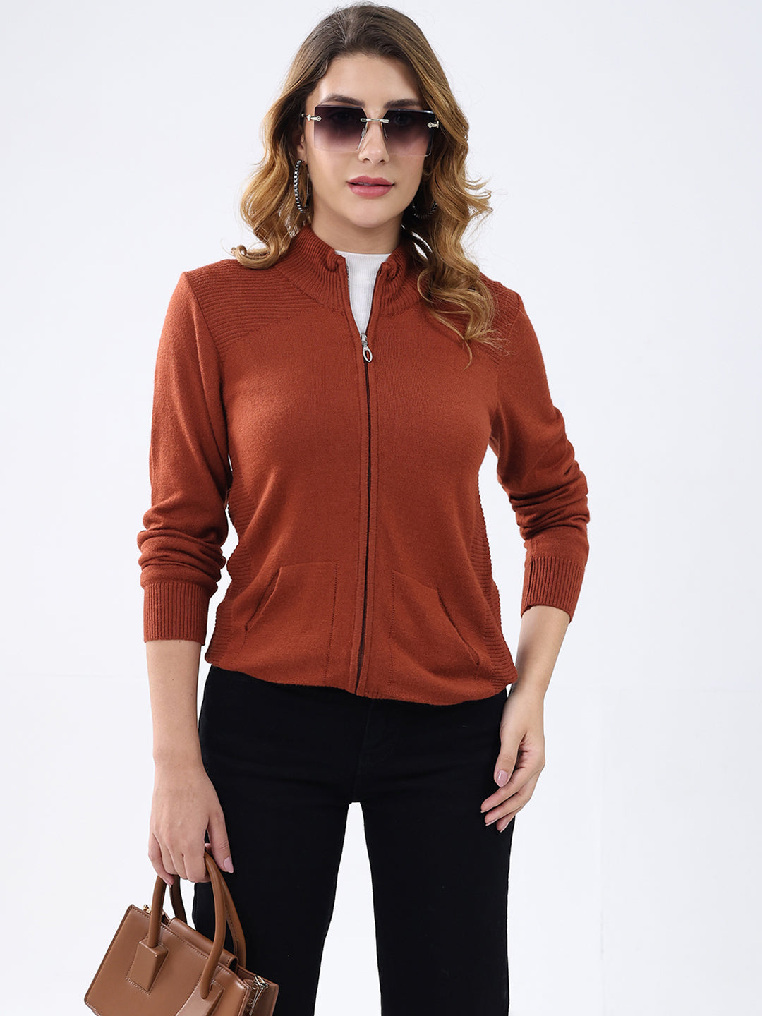 Women Rust Solid Mock Neck Full Sleeve Cardigan