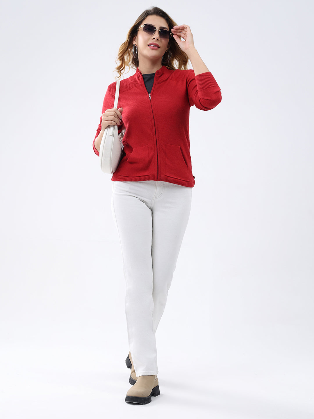 Women Red Solid Mock Neck Full Sleeve Cardigan