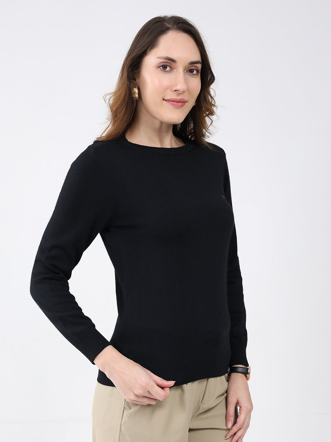 Women Black Solid Round Neck Full Sleeve Winter Top