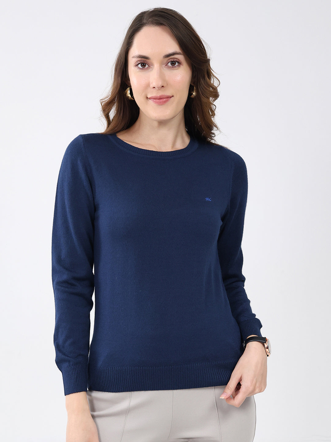 Women Navy Blue Solid Round Neck Full Sleeve Winter Top