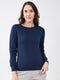 Women Navy Blue Solid Round Neck Full Sleeve Winter Top